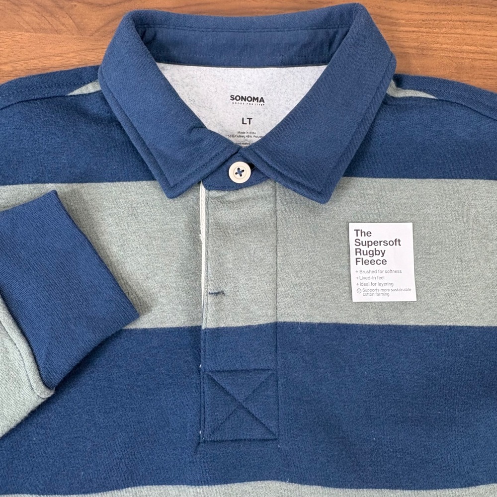 Sonoma Supersoft Rugby Fleece Mens LT Blue Green NEW Striped Long Sleeve Preppy